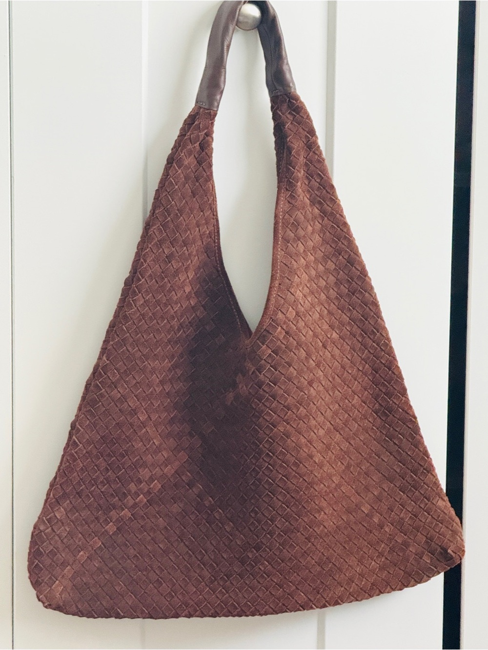 Woven Suede Hobo Bag in Chocolate Brown with Leather-Wrapped Handle